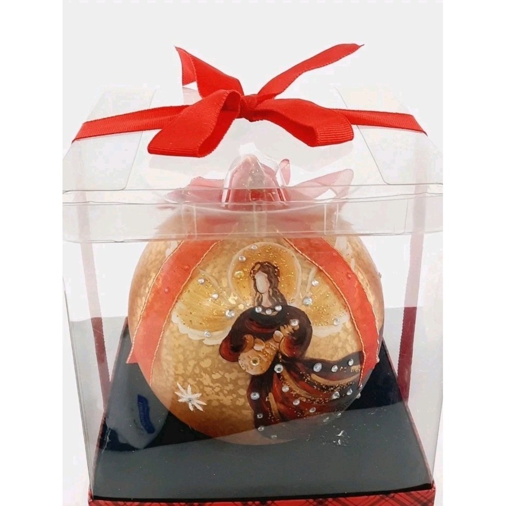 Bon-Ton Large Glass Christmas Ornament Hand Painted Angel Gold Speckle NIB